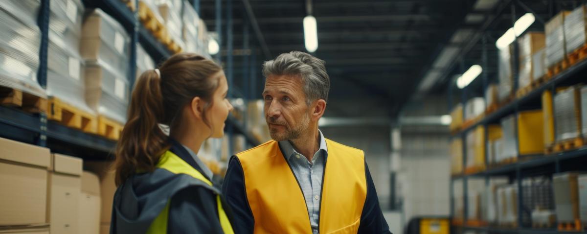 Two workers discussing mental health at work.